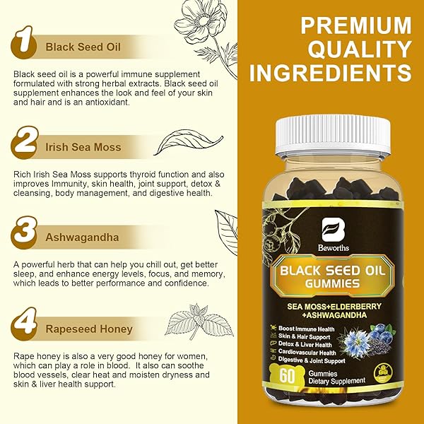 B BEWORTHS BLACK SEED OIL & SEA MOSS GUMMIES, ORGANIC IRISH SEA MOSS GUMMIES WITH ASHWAGANDHA, BLACK SEED OIL, ELDERBERRY, TURMERIC, VITAMIN D3/C AND ZINC – SUPPORT JOINTS, DIGESTION, HAIR & SKIN