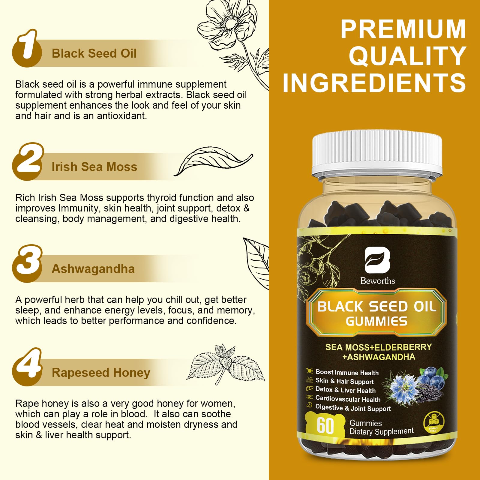 B BEWORTHS Black Seed Oil & Sea Moss Gummies, Organic Irish Sea Moss Gummies with Ashwagandha, Black Seed Oil, Elderberry, Turmeric, Vitamin D3/C and Zinc - Support Joints, Digestion, Hair & Skin