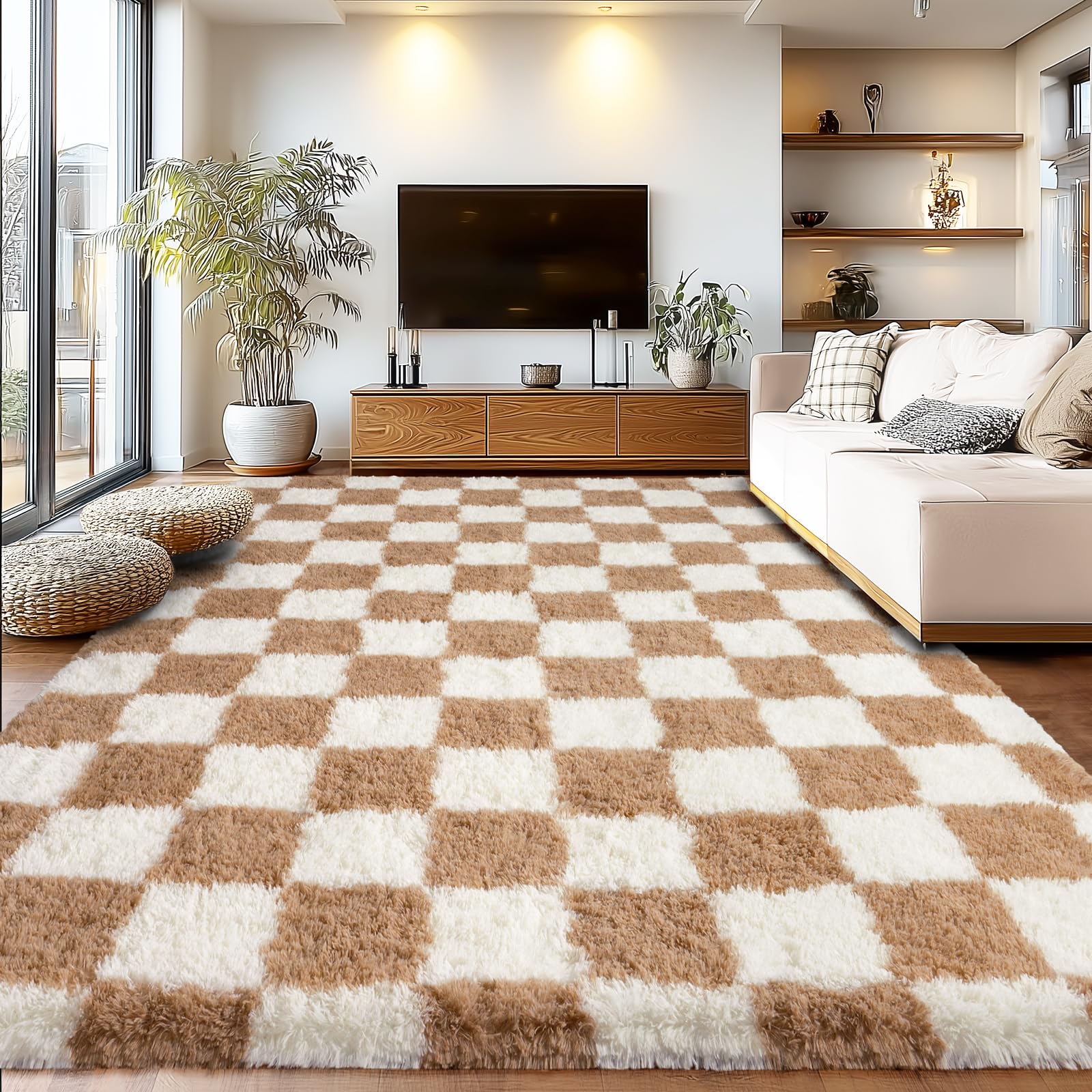 Area Rugs for Living Room, Grid Shaggy Carpets for Living Room, Fuzzy Rugs for Kids' Room, Perfect Decor for Modern Home 8x10 Feet Image