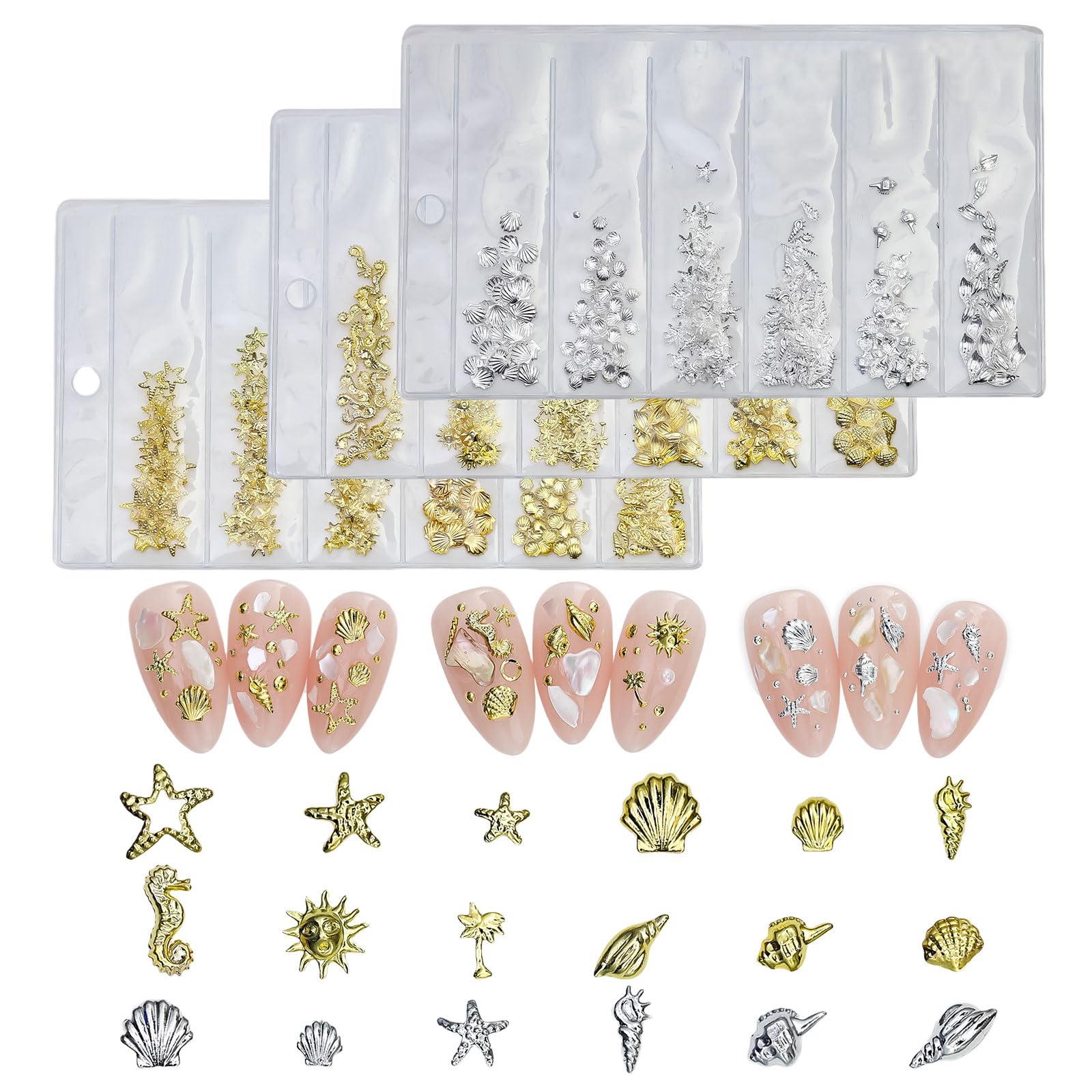 Nail Art Studs, 3 Bags Alloy Nail Studs 3D Nail Art Decorations Punk Star Conch Starfish Shell Seahorse Hollow Ocean Nail Rivet Gems Nail Accessories for Nail Design DIY Crafts