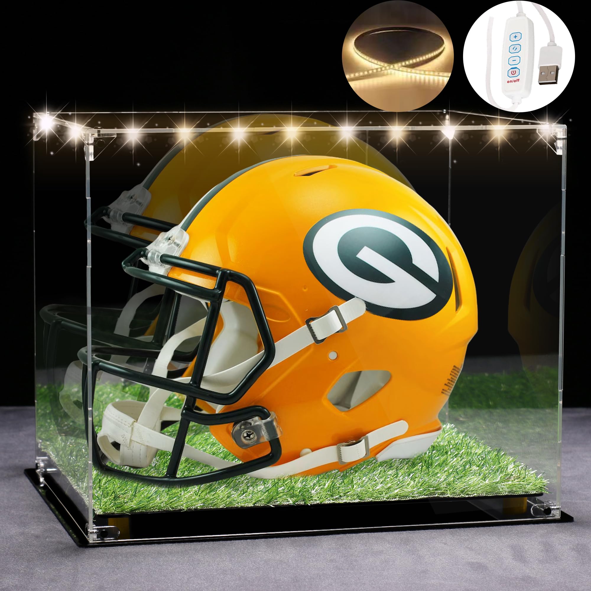 Photo 1 of Full Size Football Helmet Display Case with 3-Modes LED Lights & Turf Base – Acrylic Showcase with Mirror Back, Gold Risers, UV Protection – Perfect for Sports Memorabilia & Collectibles