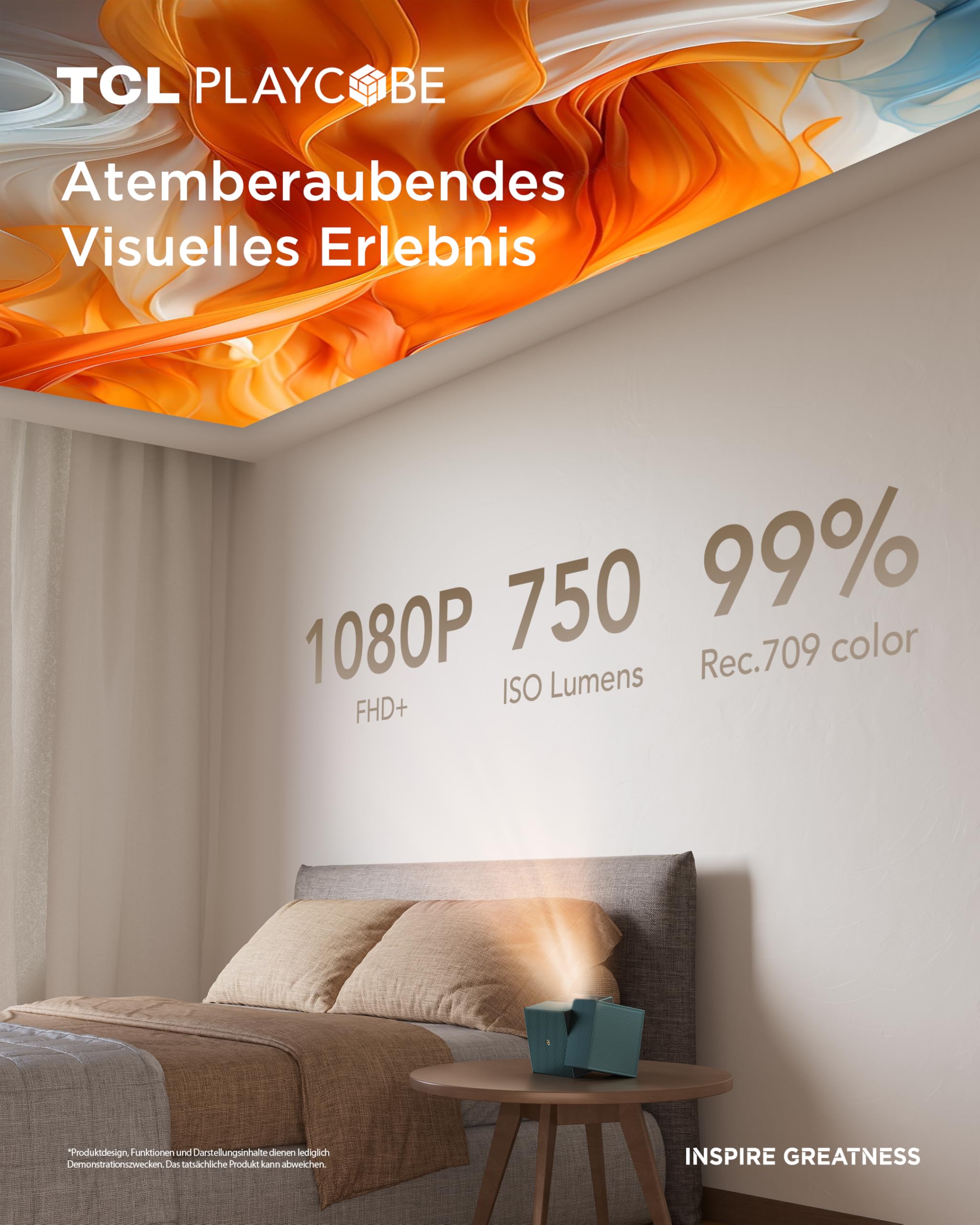 TCL PlayCube DLP Mini Beamer 4K mit Akku, 750 ISO Lumen, Integriertes Offizielles Google TV/Netflix/APV, Autofokus, 6D Trapezkorrektur, Bluetooth und WiFi, DolbyAudio, für Außenprojektion und Heimkino 5