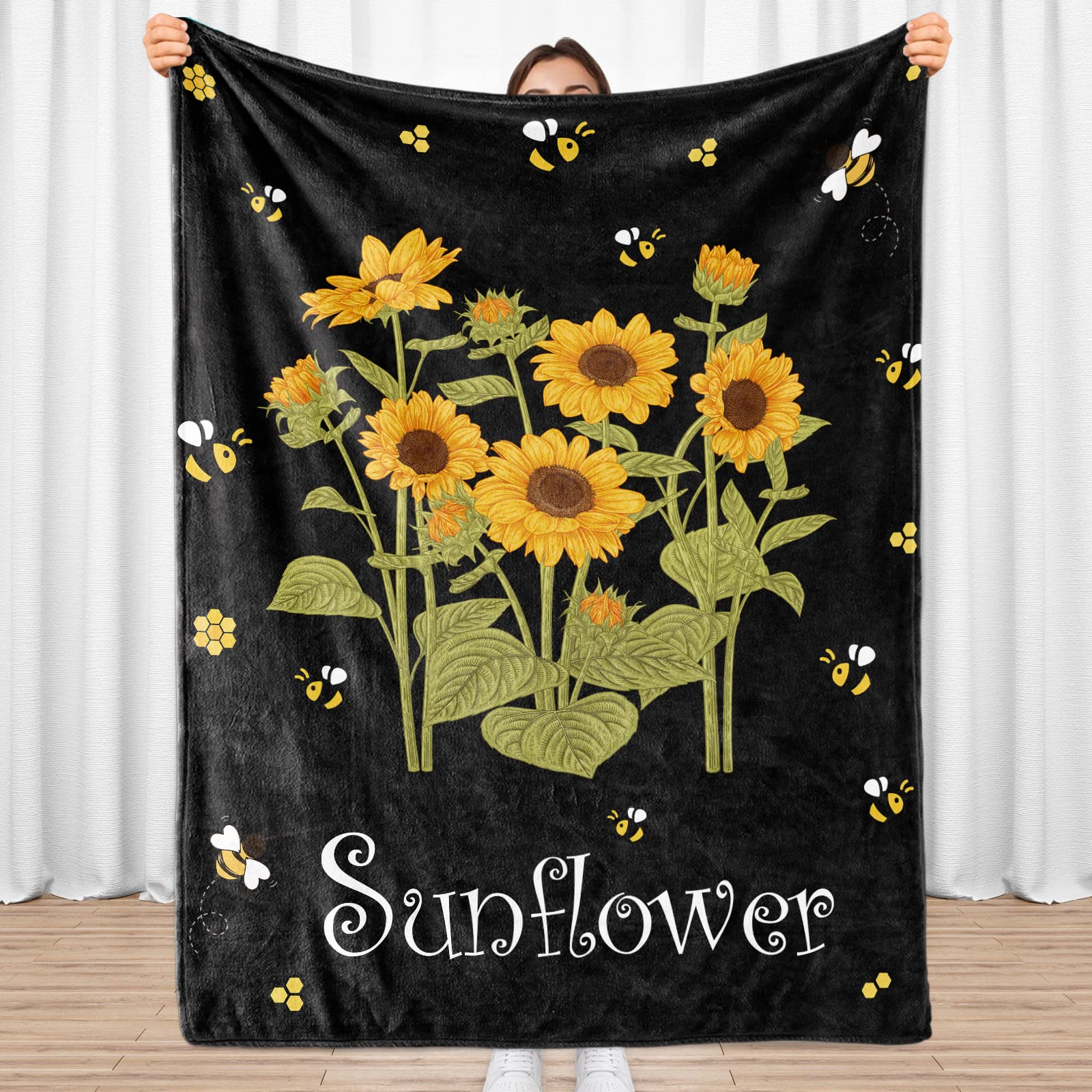 Sowide Sunflower Blanket Gifts For Women, Sunflower Bee Spring Throw Blanket, Flower Warm Soft Lightweight Blanket, Black Yellow Flannel Cozy Plush for Adult Teens, Home, Living Room, Office, 50"x60"