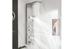 DELAVIN Shower Panel Stainless Steel Shower Tower, 5-Function Shower Panel Tower System, Full Body Shower System with Rainfall Waterfall Massage Body Jets Tub Spout and Handheld Shower, Brushed Nickel