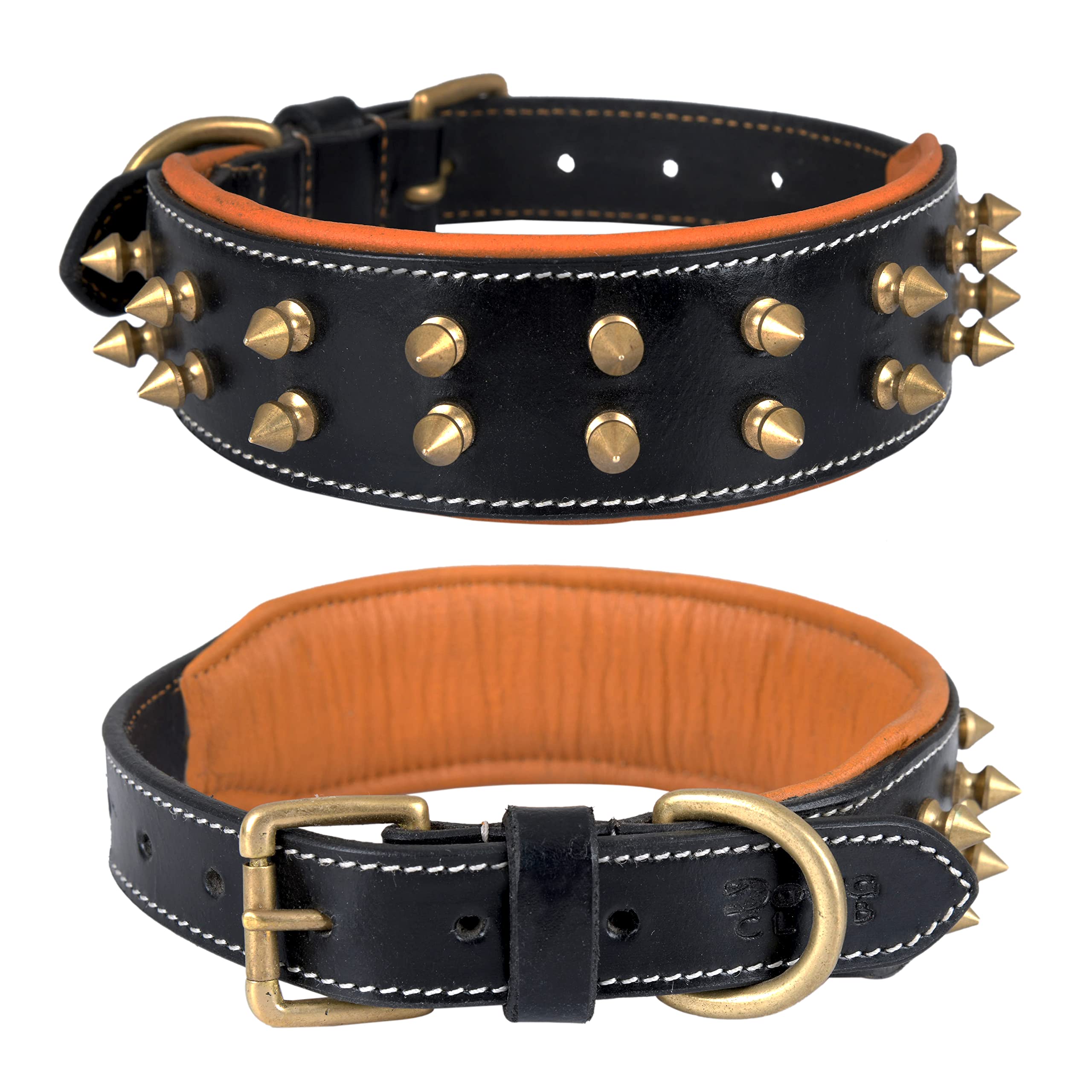 DowgClub | Genuine Leather Spike Dog Collar | Full Grain, Heavy Duty | Padded, Comfortable, Strong, Best for Large, X-Large Breeds | 2" Wide (M (Fit Neck Size 14.5"-18.5"), Black - Gold Spikes) — image 1
