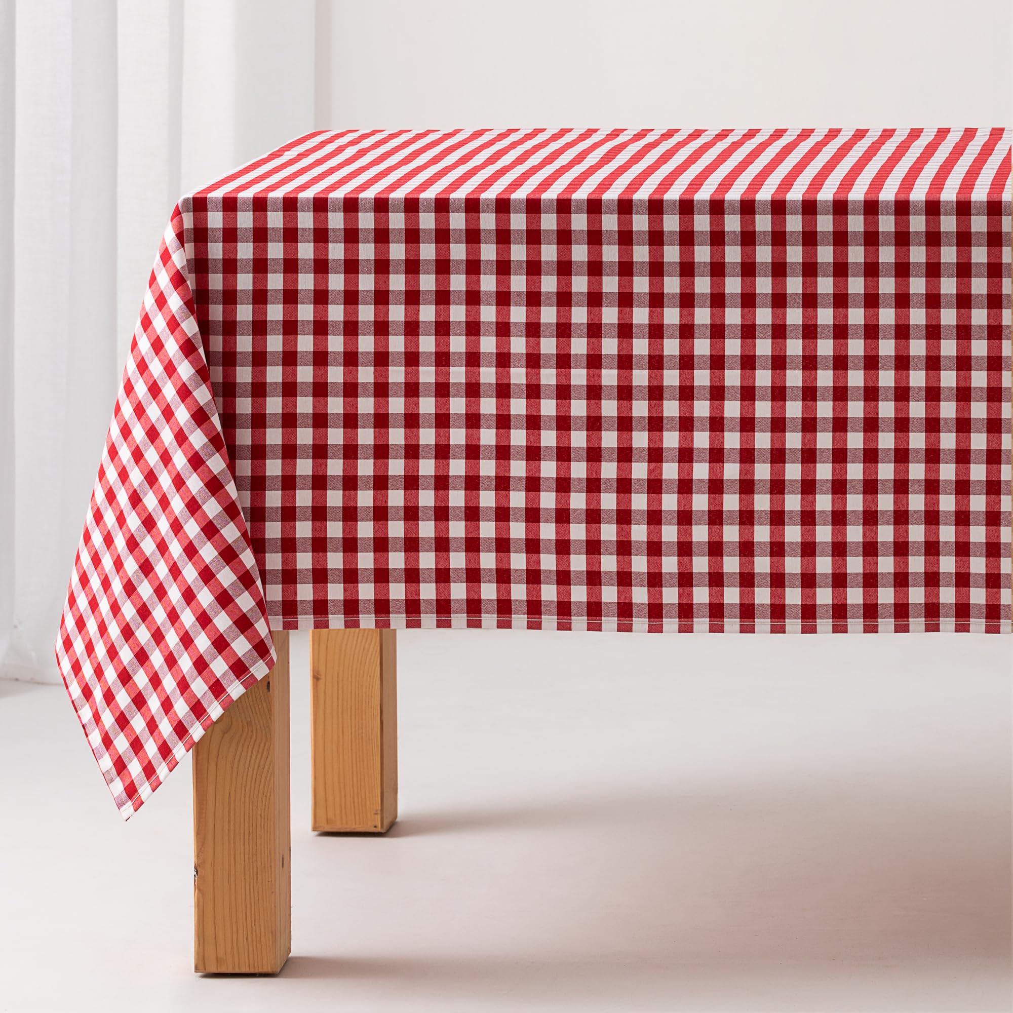 Stain-Resistant Gingham Tablecloth, Cotton, Fabric Touch, 140 x 300 cm, Red