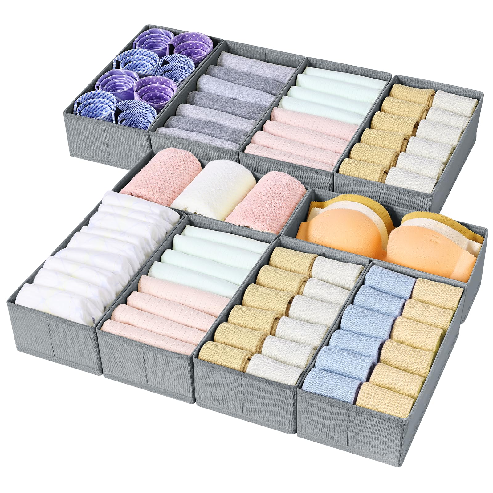 DIMJ Foldable Sock Drawer Organiser - 10 Pack Wardrobe Storage Organiser, Drawer Divider for Socks,Bra,Tights,Underwear,Baby Clothes,Non-Woven Fabric and CardBoard, Easy to Clean,Space-Saving(Grey)