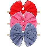 Lanmerry 3 Pack Baby Girls Headbands Soft Elastic Headbands Newborn Lace Hair Bow Hair Accessories for Infant Baby Toddler Girls Rose Navy Red
