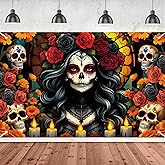 Day of The Dead Backdrop Decorations Dia De Los Muertos Banner Sugar Skull Marigold Flowers Mexican Altar Decorations Day of The Dead Hanging Banner Photo Props for Carnival Halloween Holiday 71x43''