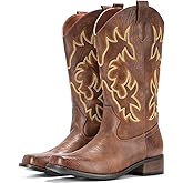 IUV Cowboy Boots For Women Square Toe Cowgirl Boots Mid Calf Western Boots Pull On Fashion Cowboy Boots
