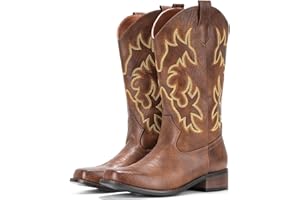 IUV Cowboy Boots For Women Square Toe Cowgirl Boots Mid Calf Western Boots Pull On Fashion Cowboy Boots