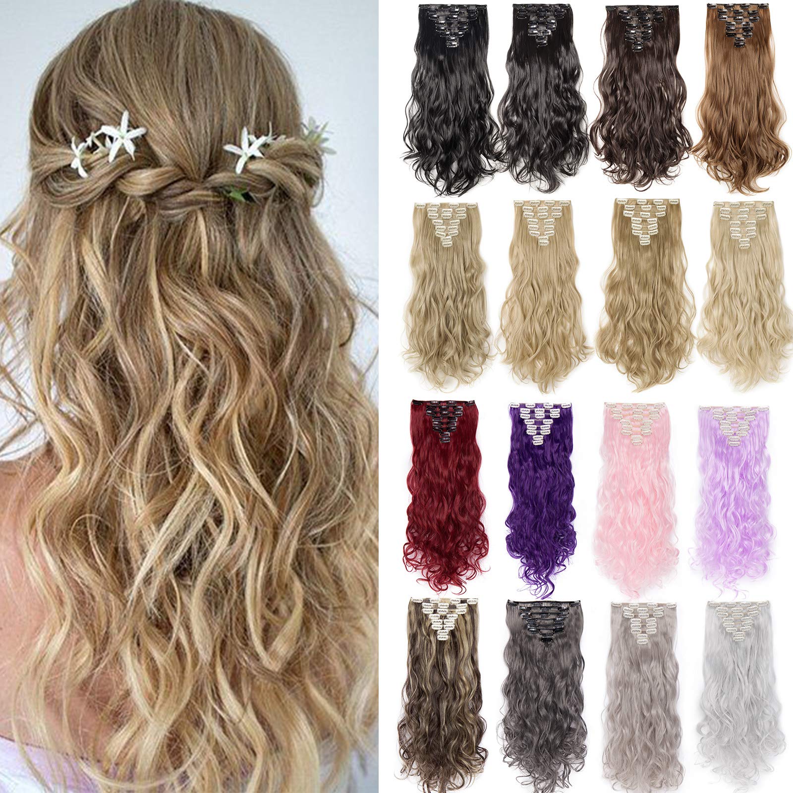 Clip in Hair Extensions Curly Wavy 8Pcs Hairpiece 100% Synthetic Hair Pieces 24inch for Full Head [140g; Light Brown & Blond]