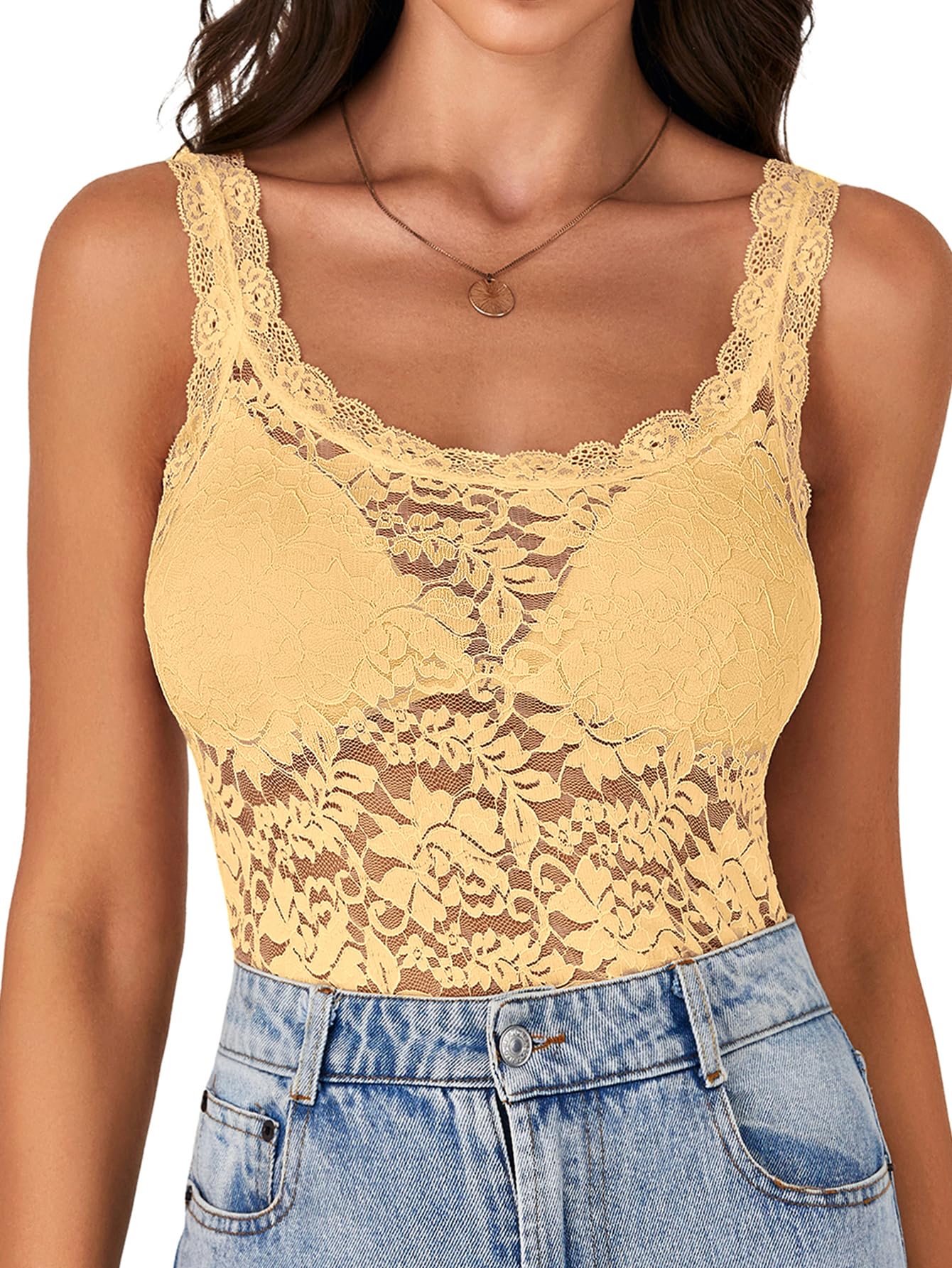 LYANER Women's Floral Lace Scallop Spaghetti Strap
