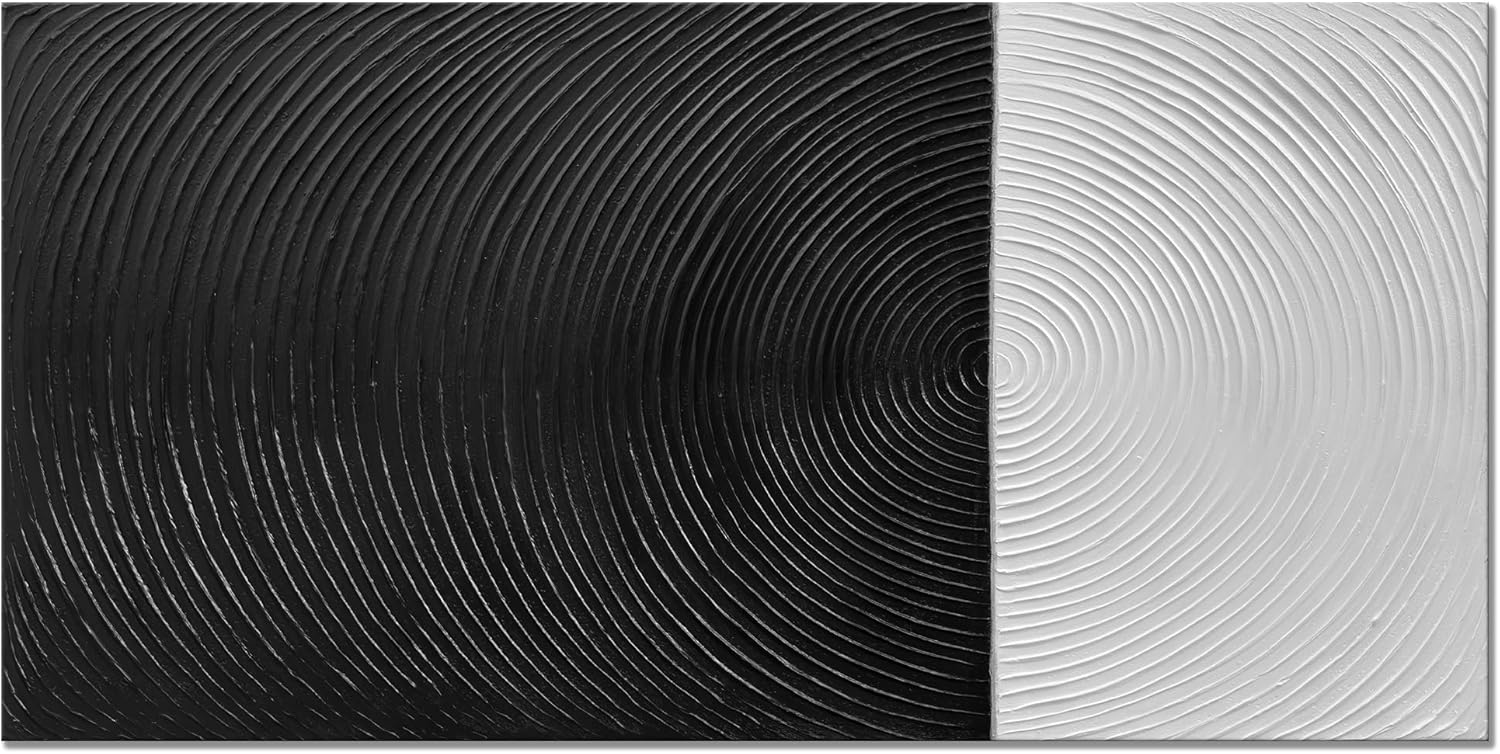 Paintings - zoinart Hand-Painted Black and White Canvas Wall Art, Large Abstract Modern Painting Geometric Pattern 48x24 Inches Texture Contemporary Wall Art Minimalism Framed Artwork for Wall Decorations