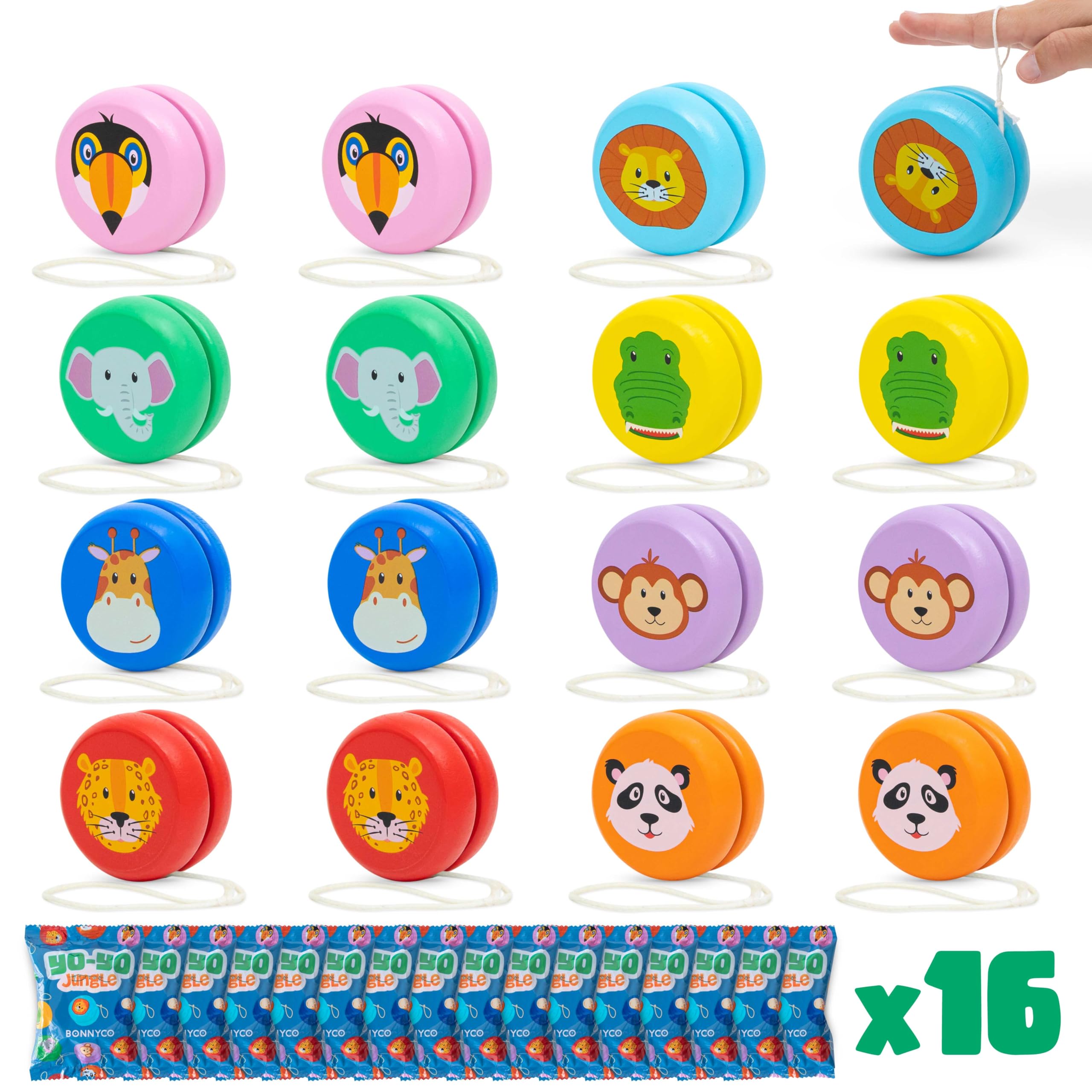 BONNYCO Yo Yo Kids Pack 16, Animal Party Bag Fillers for Kids Unisex. Wooden Yoyo Party Favours, Yoyo Pinata Fillers. Return Gifts for Birthday Pre Filled, Children Classroom Prizes, Mini Toys