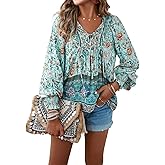 LONGBIDA Women’s V Neck Boho Long Sleeve Top Shirts Drawstring Casual Elastic Cuffs Floral Print Blouses