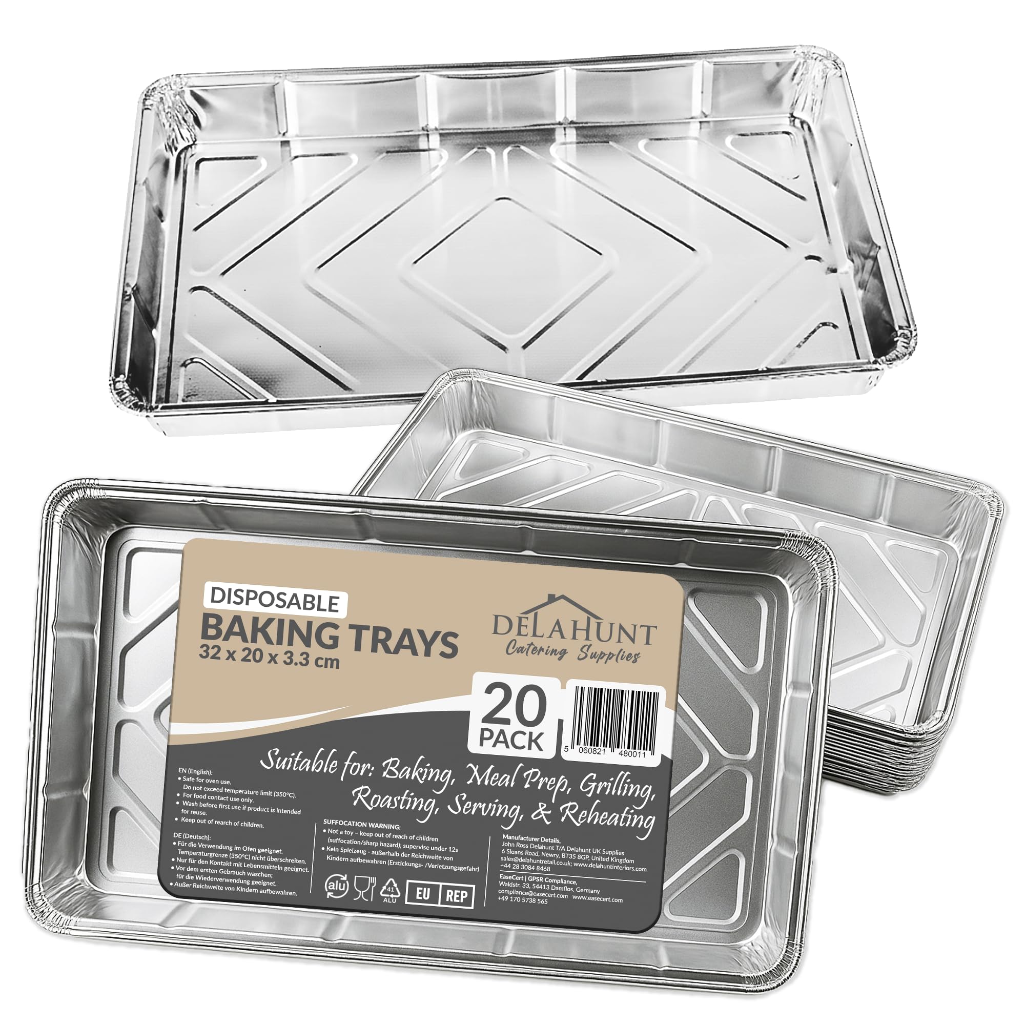 20 Pack - Disposable Aluminium Foil Baking Trays, Tray Bakes, Containers for Baking, Roasting, Freezing, Storage, Cooking, BBQs, Brownies | Delahunt Catering Supplies | 32cm x 20cm x 3.3cm