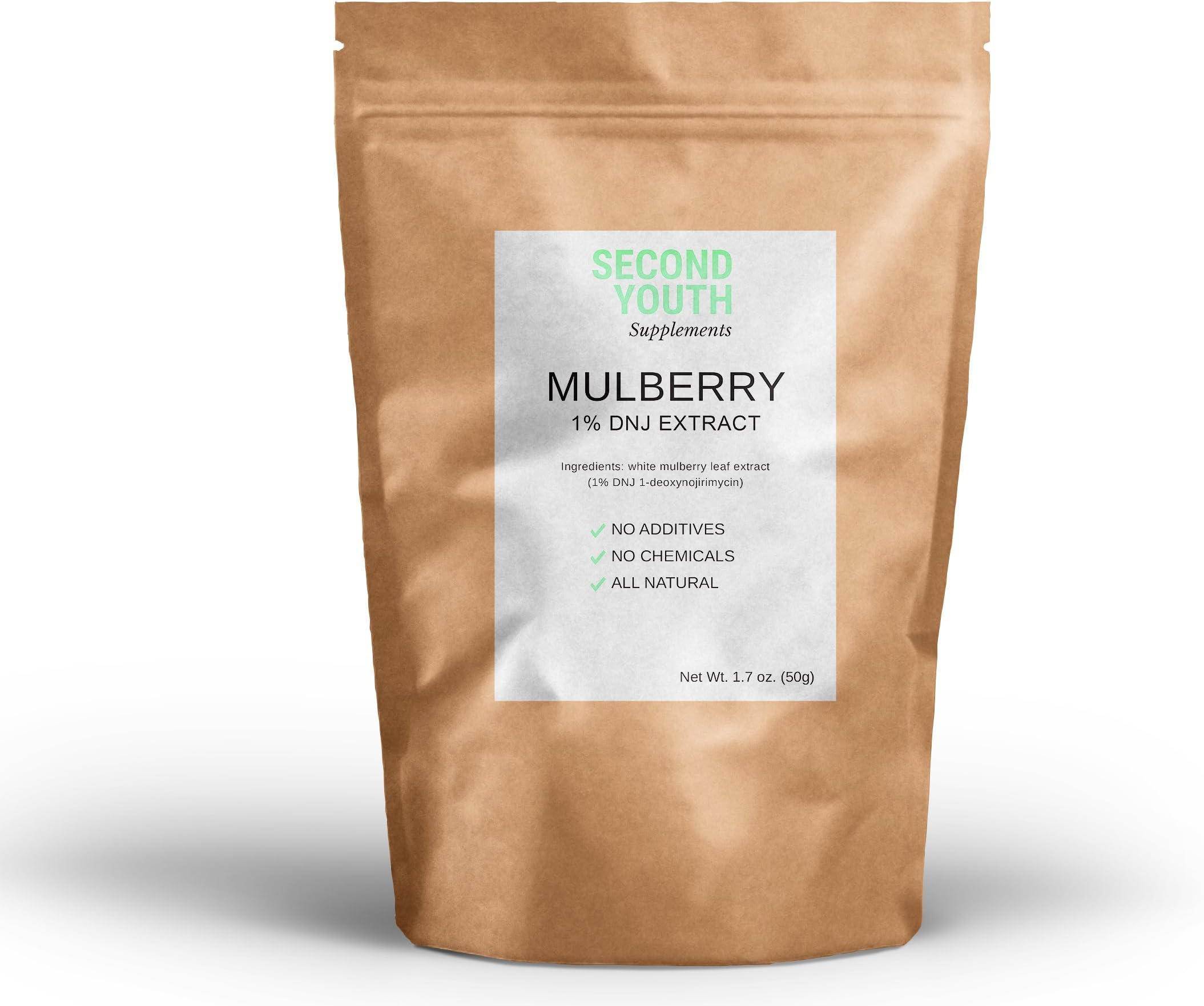 Second Youth White Mulberry Leaf Extract 8:1 with 1% DNJ (Active Ingredient) - All Natural, No Additives, No Fillers - Pure and Potent - Use Less for Better Results