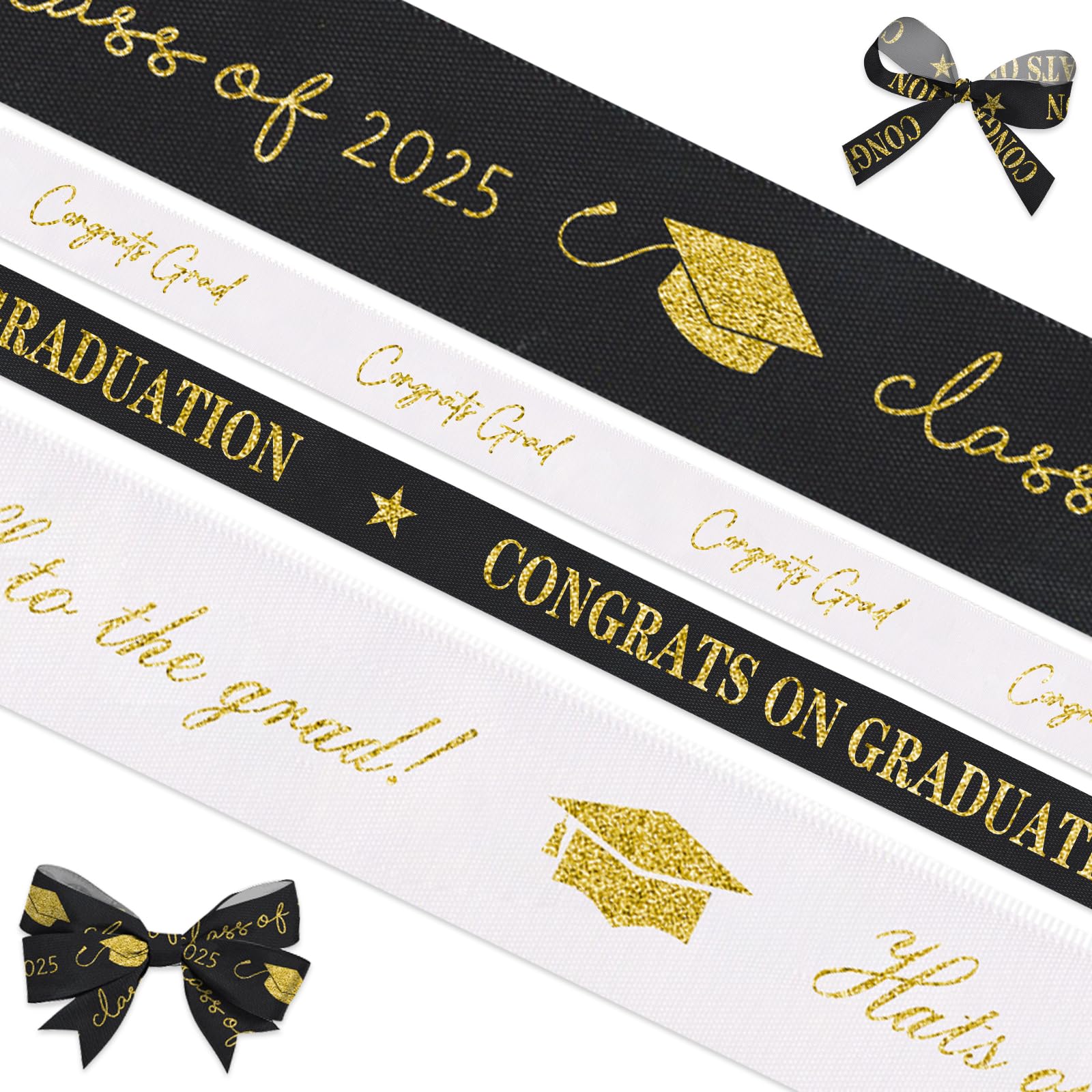 Photo 1 of ABTOLS 4 Rolls 20 Yard Graduation Ribbon Grosgrain Ribbons White Black Star Printed Grosgrain Ribbons for Graduation Party Favors Decor Gift Wrapping Congratulations Satin Ribbon