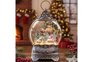 KIRSCHBLÜTE Christmas Snow Globe Lantern with Santa Claus Flying Reindeer, Lighted Swirling Glittering Snow Globes with Music & Timer, Christmas Decorations for Home Tabletop Indoor Gifts