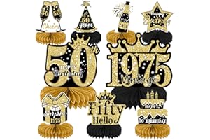 MAOYUES 9Pcs Black Gold 50th Birthday Decorations Honeycomb Centerpieces for Men Women,Vintage 1975 Aged Birthday Table Sign Decor,Fifty Years Birthday Party Decorations Supplies