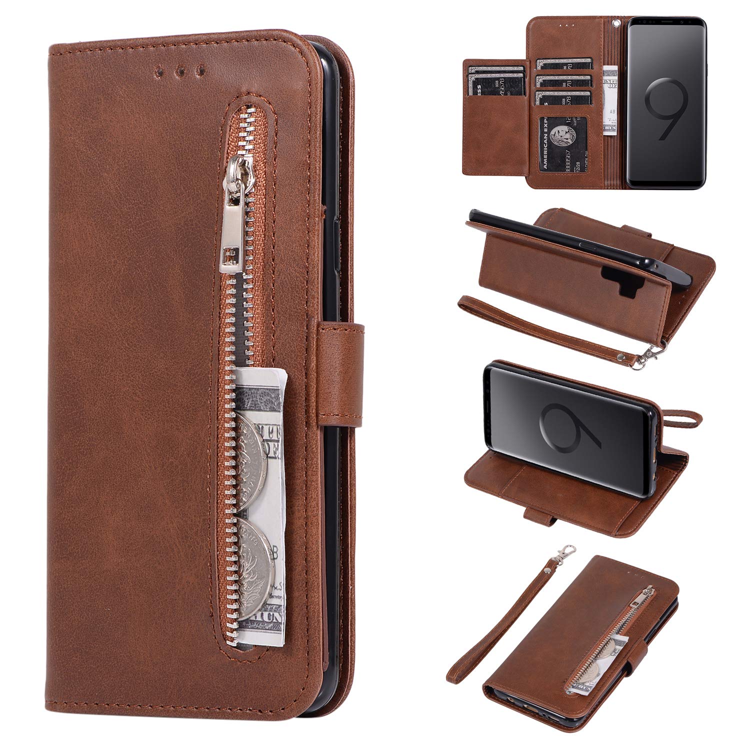 EYZUTAK Wallet Case for Samsung Galaxy S9, 5 Card Slots Magnetic Closure Zipper Pocket Handbag PU Leather Flip Case with Wrist Strap TPU Kickstand Cover for Samsung Galaxy S9 - Brown