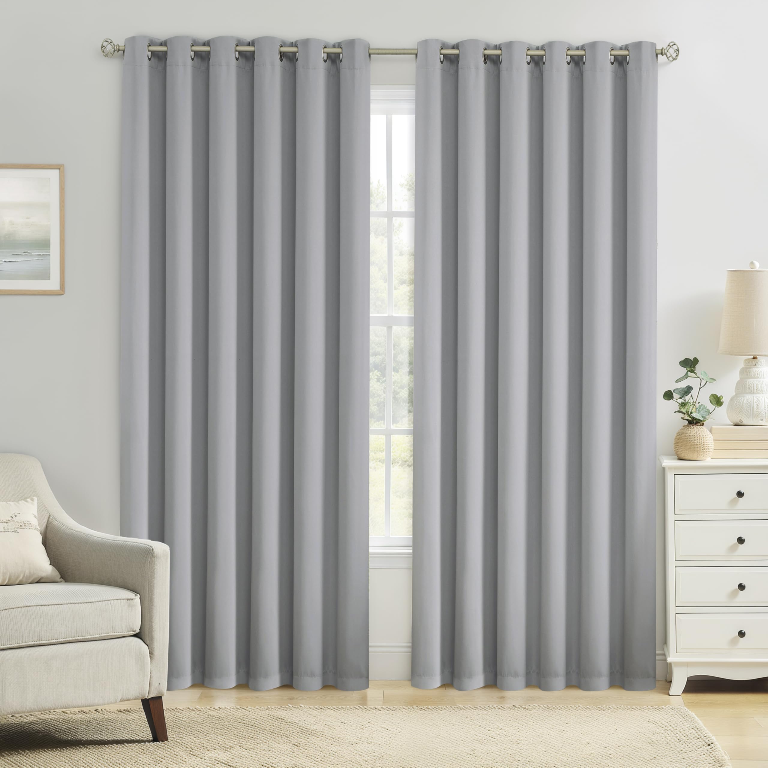 Bujasso Silver 95% Blackout Curtains 90 inches Thermal Insulated Room Darkening Draps for Living Room Bedroom Luxury Energy Saving Window Treatment Sets Grommet Top 2 Panels 90" Wx90 L