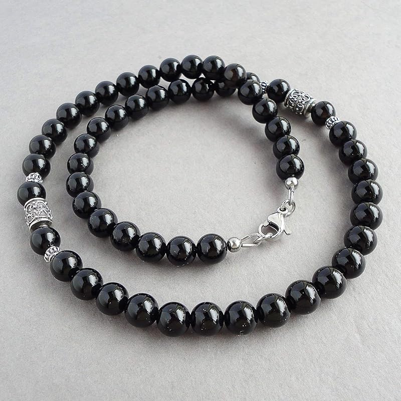 8mm Black Onyx Mens Necklace, Sterling Silver Accents, 18