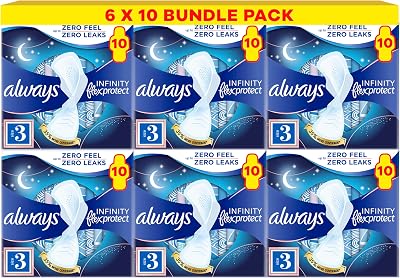 Always Infinity FlexProtect Night Size 3 Towels with Wings 10 Pads Pack of 6