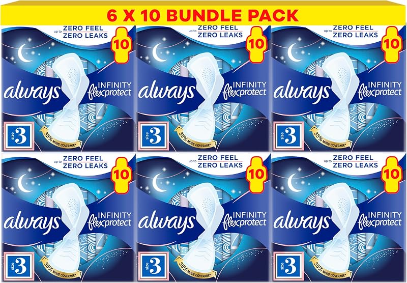 Always Infinity FlexProtect Night Size 3 Towels with Wings 10 Pads Pack of 6