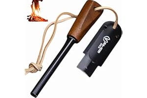 BA-KOR 5.9in Iron Rod Fire Classic Kit - 25,000+ Strike, 5500°F Spark, Waterproof Flint Steel with Wooden Handle and Sheath for Camping, Hiking, and Survival