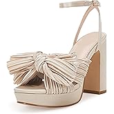 VETASTE Women's Pleated Bow Knot Platform Heeled Sandals Open Toe Chunky Block Heel Ankle Buckle Strap Bridal Wedding Dress Shoes