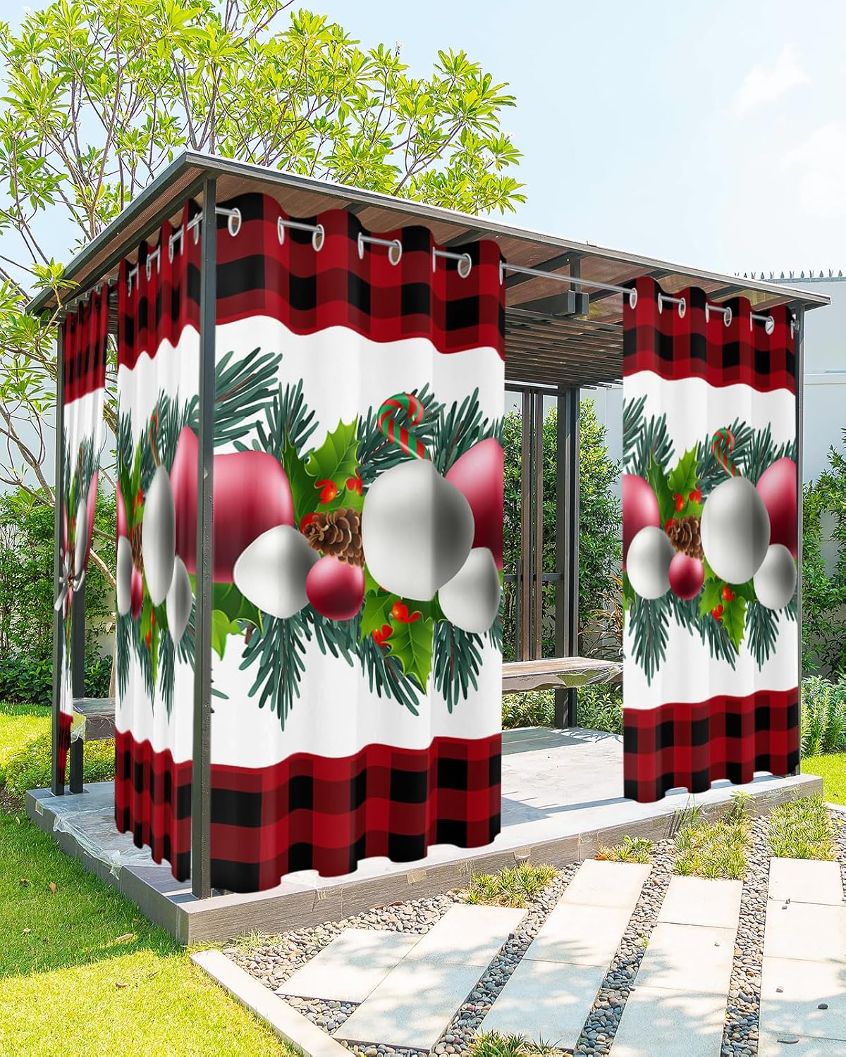 Outdoor Curtains - EZON-CH Outdoor Curtain for Patio Waterproof, Christmas Pine Needles Coloured Lights with red Black Plaid Windows Curtains PanelsOutside Drapes for Living Room/Pergola/Garden/Balcony 52