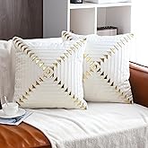 Tosleo White Velvet Throw Pillow Covers 18x18 inch Pack of 2 with Gold Leather Christmas Decorative Couch Pillow Cover Luxury Modern Pillowcases Spring Home Decor for Sofa Bed Living Room
