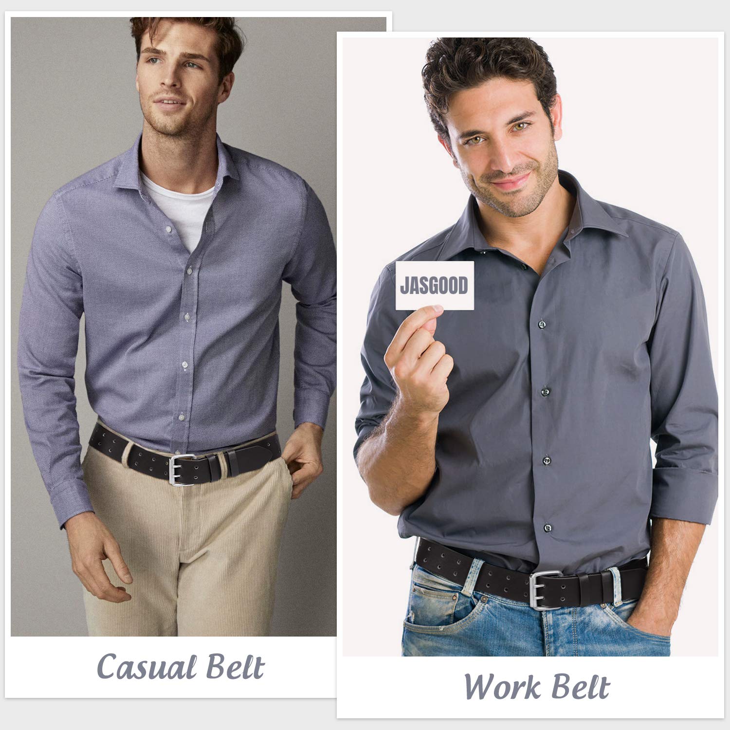 JASGOOD Men Double Prong Belt,Black Work PU Leather Belts for Men Jeans-Mens Casual Dress Belt for Pants(Black,Fit pant size below 39Inch)