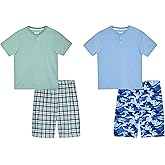 Sleep On It Boys Pajamas Shorts Set 4 Piece Pajama T-Shirt and Short Sets Summer Sleepwear for Kids (2 Full Sets)