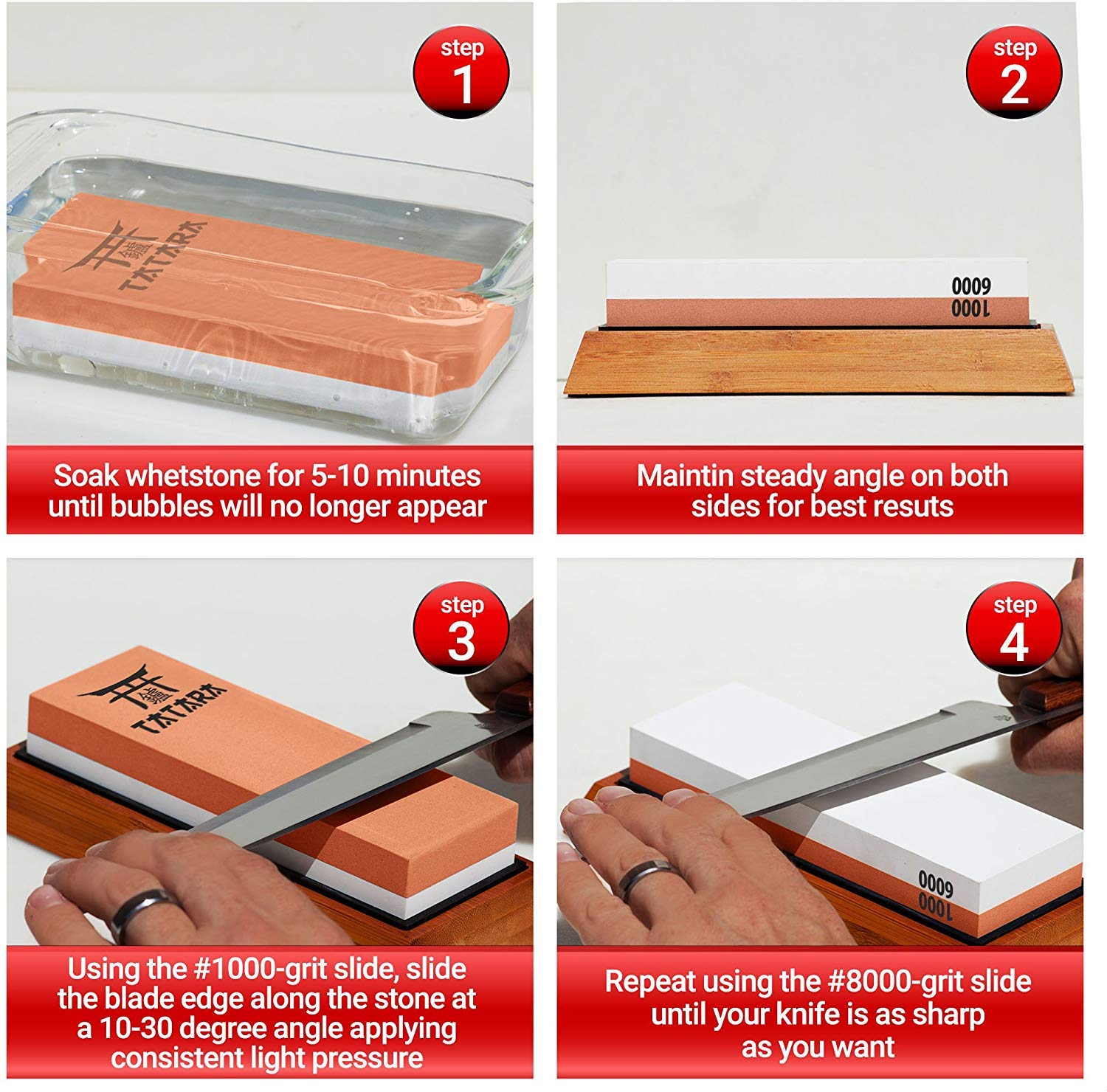 TATARA Japanese Whetstone 1000/6000 Grit Double Sided Knife Sharpening Stone With Honing