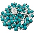 Nazareth Store Sky Blue Turquoise Stone Beads Rosary Prayer Necklace Catholic Miraculous Medal & Jesus Cross