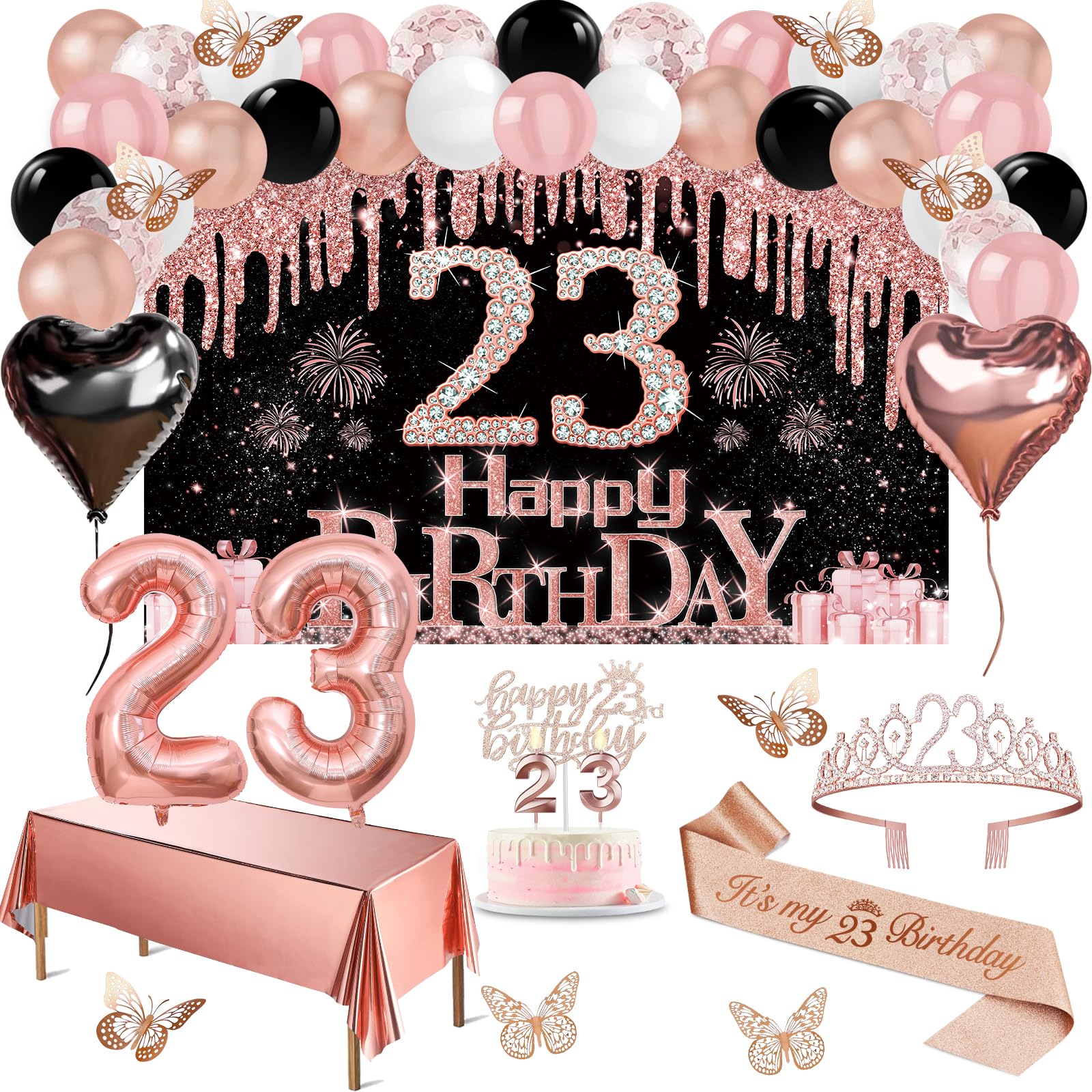 Photo 1 of 23rd Birthday Decorations for Her, 49pcs Black Rose Gold Black Banner, Tablecloth, Butterfly Decor, 23rd Birthday Sash and Tiara, Cake Topper, Candles, Balloons Arch