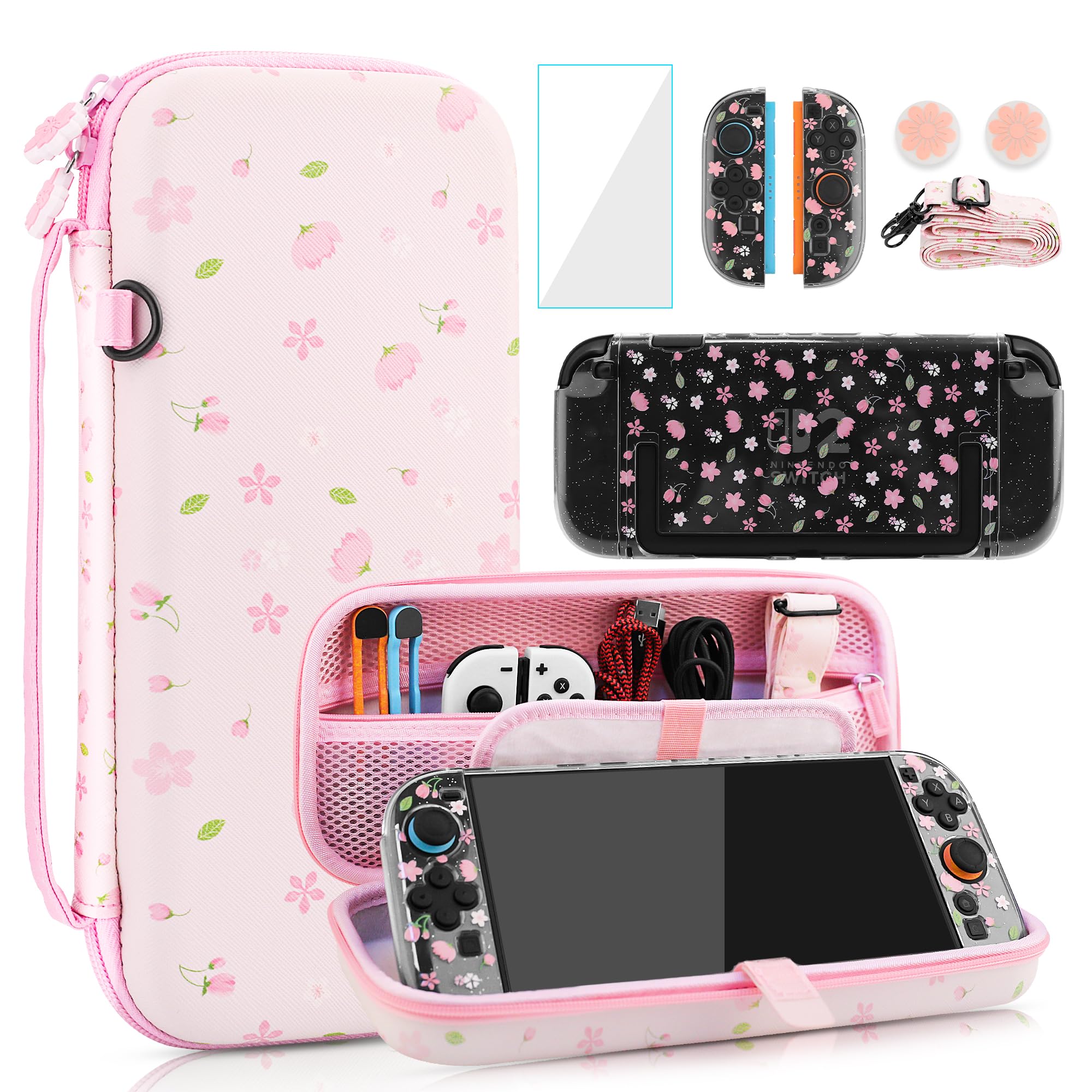 FANPL Cute Carrying Case Bundle for Nintendo Switch 2, Pink Switch Cover Accessories Kit with Flower Hard Travel Case, Glitter Sakura Cover, Adjustable Strap, Screen Protector, Thumb Grip Caps