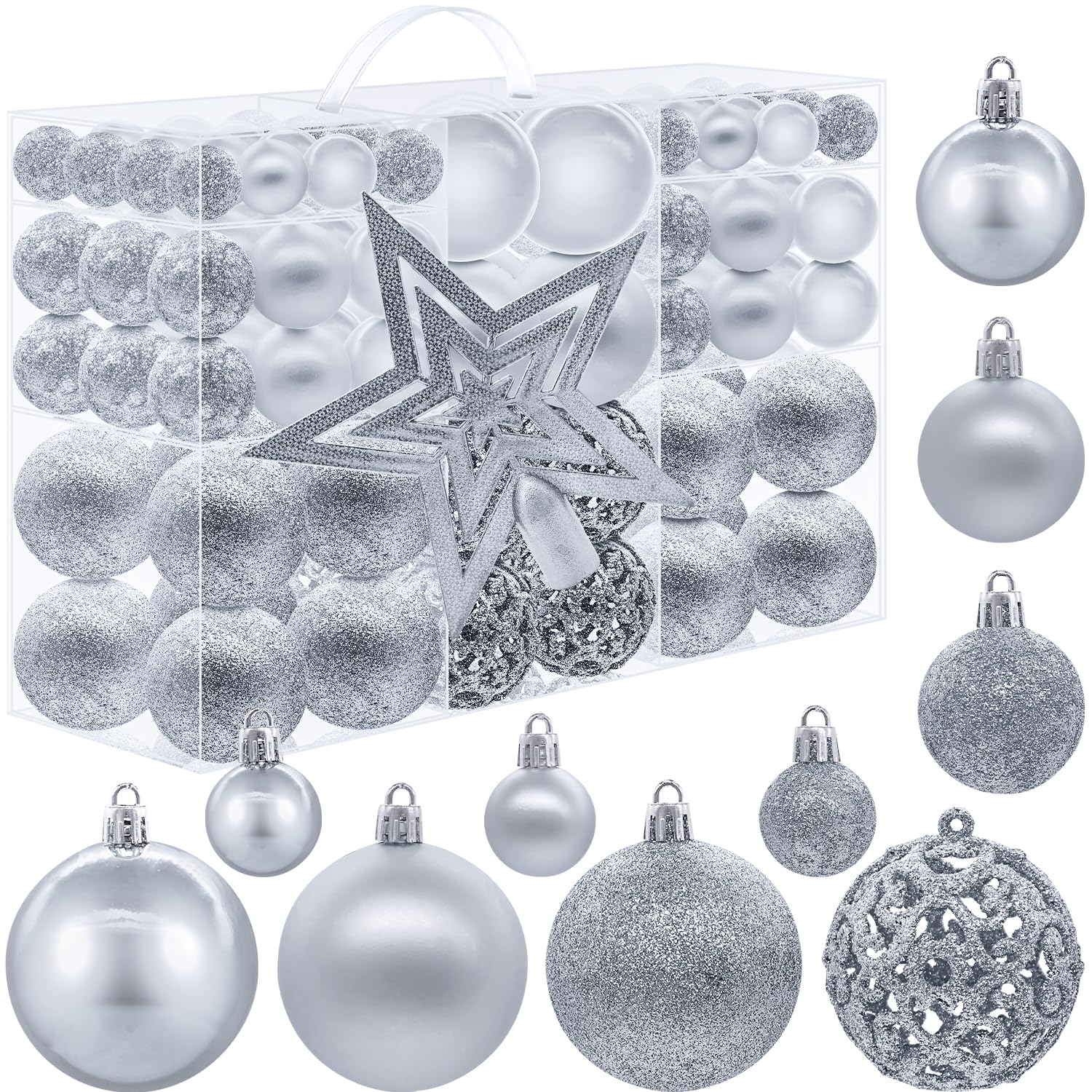101 Pieces Christmas Baubles Set Xmas Ornaments Christmas Tree Plastic Baubles for Seasonal Decoration with 1 Star Tree Topper, Shatterproof Xmas Hanging Balls for Holiday Party, Silver