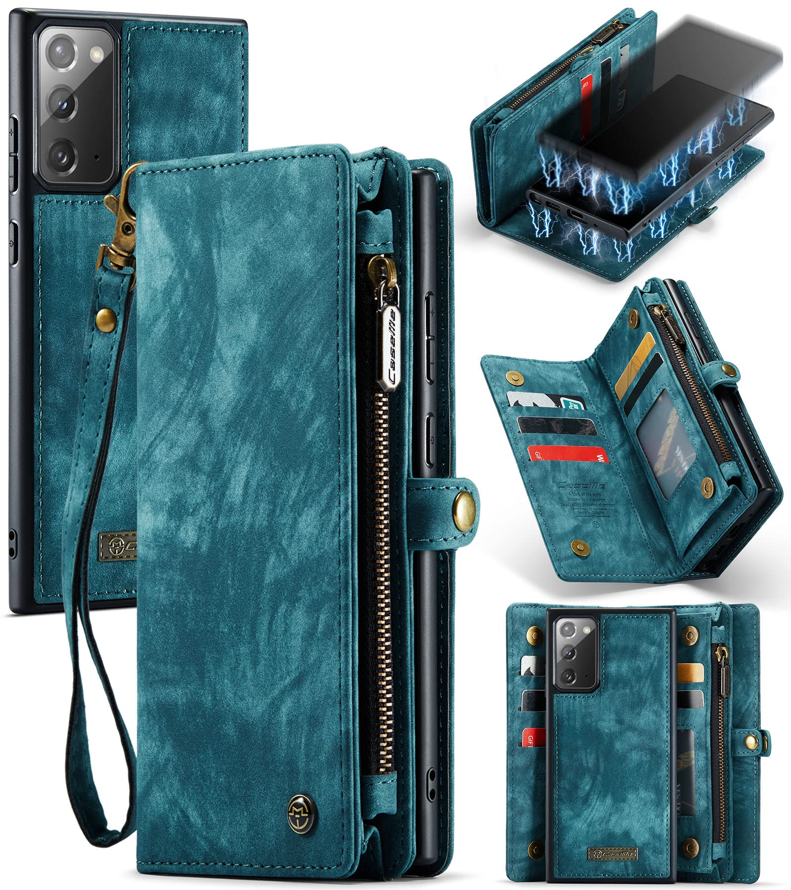 UFinetech 2-in-1 Stylish Samsung Galaxy Note 20 Case Wallet Magnetic Detachable Luxury Leather TPU Card Holder Flip with Lanyard Zipper Carrying Purse Cover for Samsung Galaxy Note 20 5G 2020 Blue
