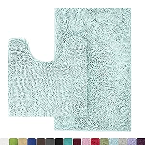 MAYSHINE Bathroom Rug Toilet Sets and Shaggy Non Slip Machine Washable Soft Microfiber Bath Contour Mat (Spa Blue,32" 20"/20" 20" U-Shaped)
