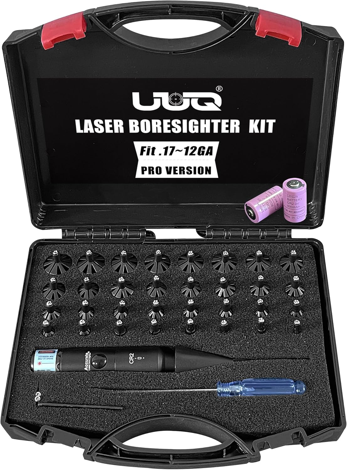 UUQ Professional Laser Bore Sight Kit with Button Switch,Red Laser with 32 Adapters for 0.17 to 12GA Calibers,Suitable for Pistol Rifle Airsoft & Shotgun,Powerful Hunting Equipment (Red Laser)