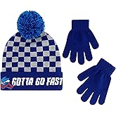 Sonic The Hedgehog Kids Winter Beanie Hat and Gloves Set, Boys Cuffed Winter Knit Cap with Pom and Matching Mittens, Gotta go Fast, Blue Checkers, One Size