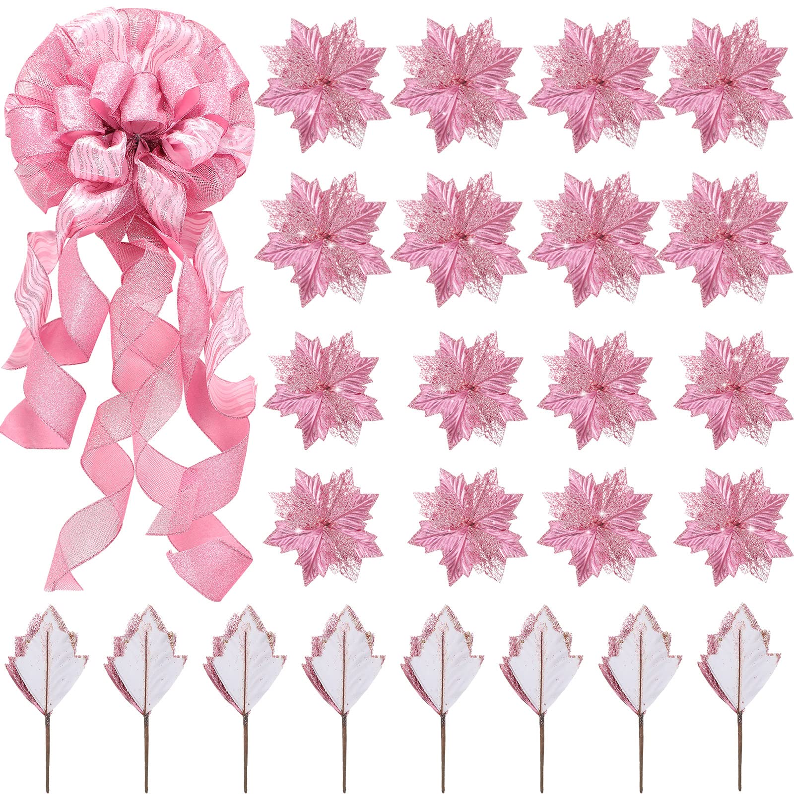 Syhood Christmas Tree Topper Decorations 34x12 Inch Large Christmas Bows Tree Ornaments and 24 Pcs Christmas Tree Flowers for Christmas Holiday Party Decorative(Pink)