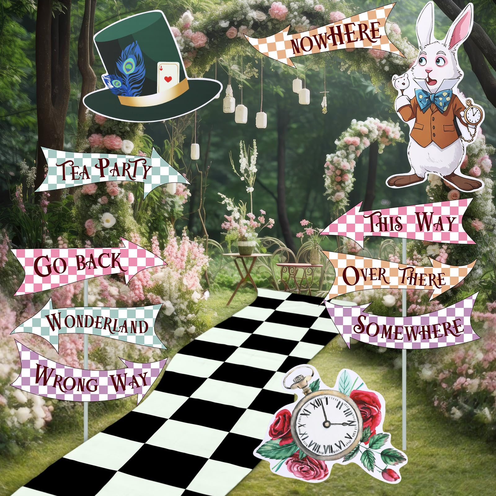 Photo 1 of ***MISSING PIECES*** ***READ CLERK NOTES*** AceOrbit 12 Pcs Christmas Winter Wonderland Party Decorations, 118" Black and White Checkered Runner Carpet, Wonderland Arrow Signs Bunny Top Hat Clock Signs with Stakes for Indoor Outdoor Tea Party