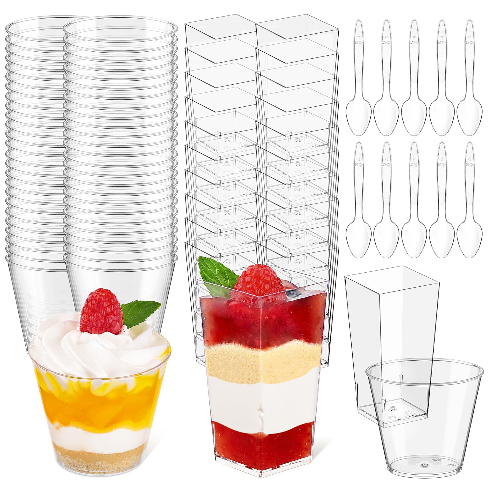 Photo 1 of 100 Pack Round and Square Plastic Dessert Cups with Spoons, Mini Parfait Cups Small Dessert Shooters for Party Serving Banana Pudding, Yogurt, Fruit, Jello, Appetizer (3 oz + 5 oz)