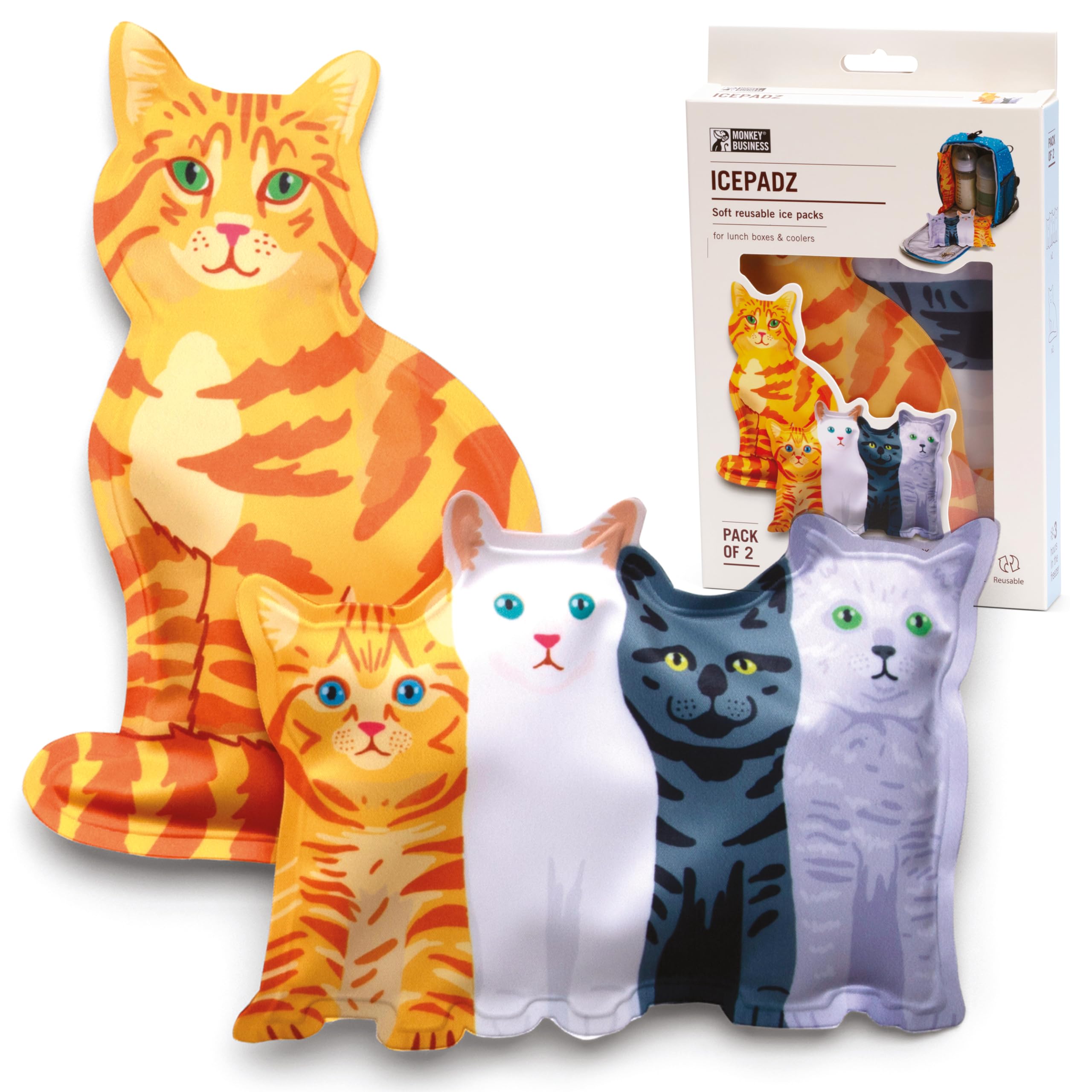 Monkey Business Icepadz Soft Ice Pack Set, 2 Reusable Ice Packs for Baby Bottles and Breast Milk, Slim Ice Pack for Cooler and Lunch Box (Kitty)
