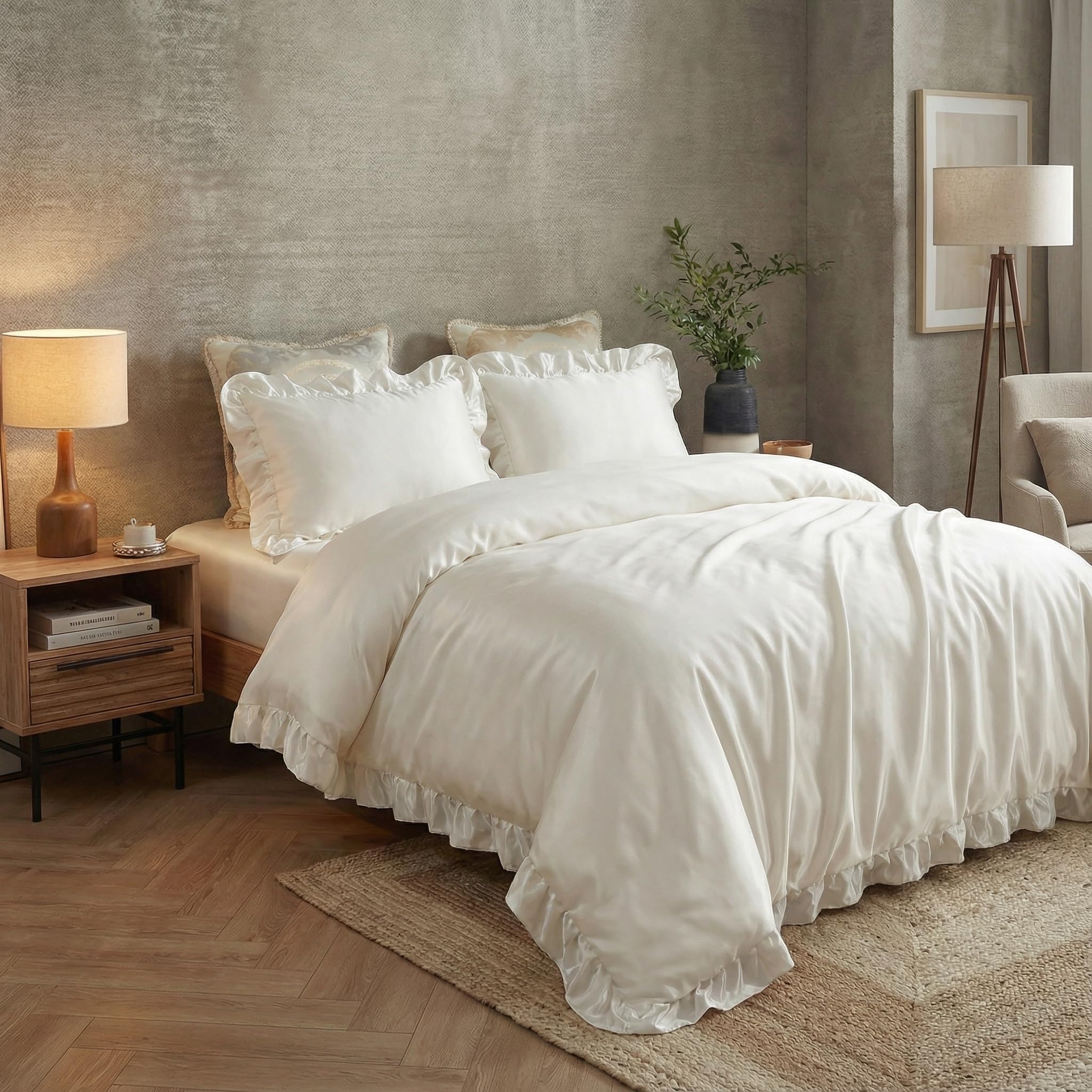 Herside White Duvet Cover Set King Ruffle Bedding Solid Silk like Satin Ruffle Design Silky Satin Bedding Sets 1 Duvet Cover 2 Pillowcases (White, UK King)